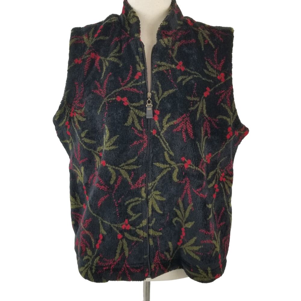 Bette & Court Green Red Black Mistletoe Christmas Fleece Vintage Vest Size Large